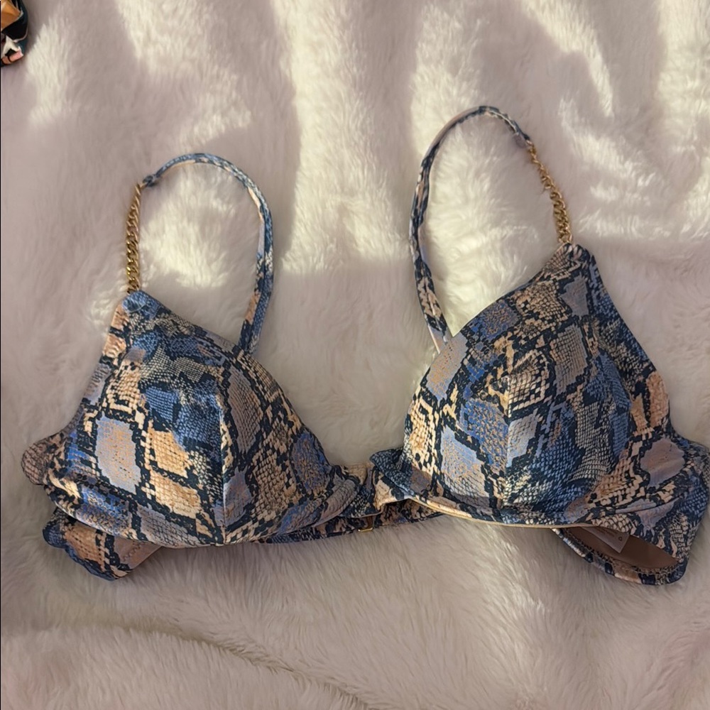Blue and Beige Snakeskin Bikini Top With Gold Chain Strap Never Worn